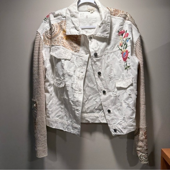 POL Shacket Oversized Thermal Sleeve Patch Embroidered Distressed Floral Paisley - Picture 11 of 16